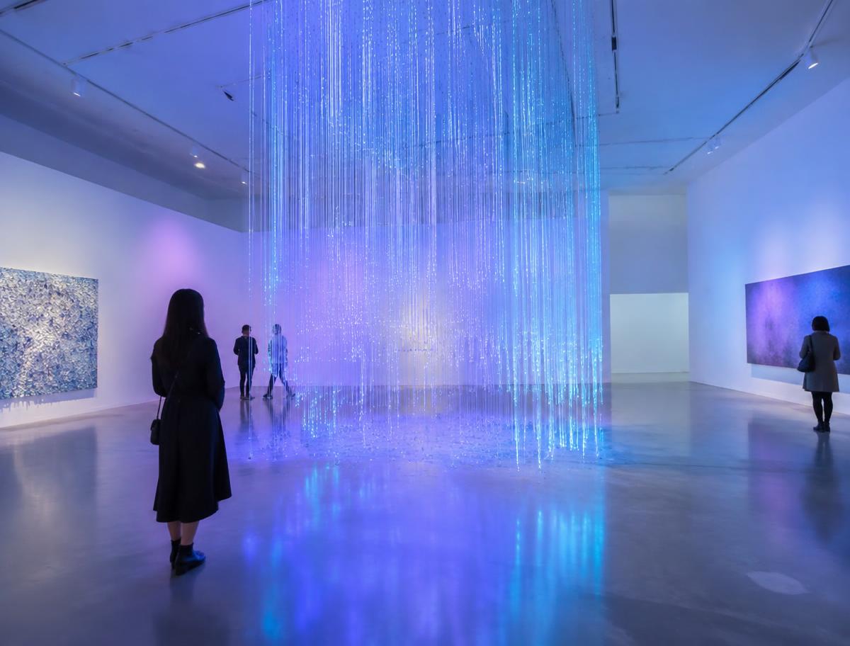 Visitors in an immersive light-art gallery